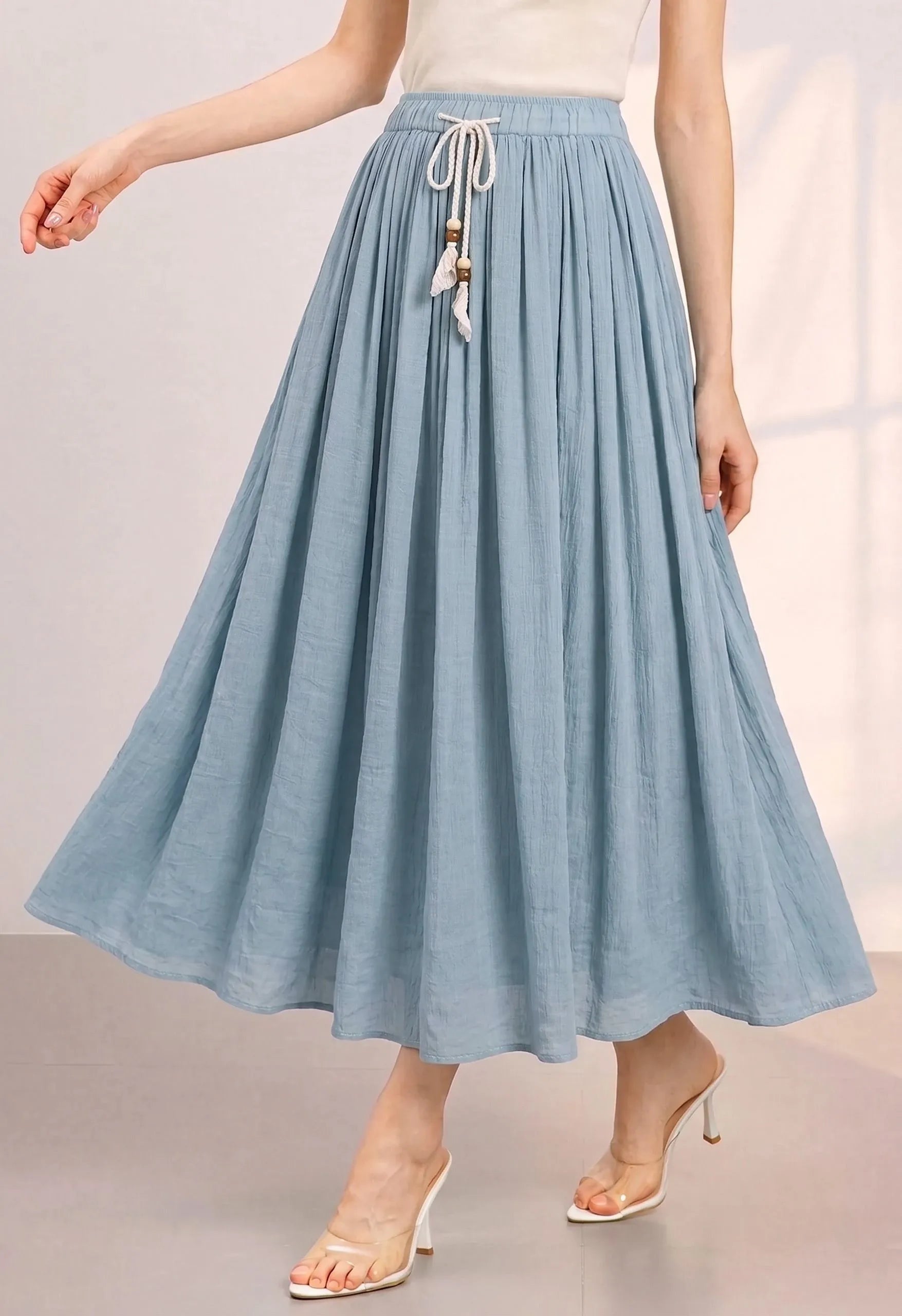 Dusty‑Blue Braided Drawstring Gathered Bohemian Maxi Skirt