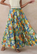 Jungle‑Blue Tropical Floral Asymmetric‑Hem Chiffon Maxi Skirt