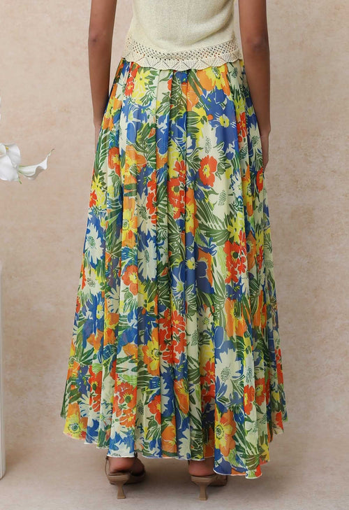 Jungle‑Blue Tropical Floral Asymmetric‑Hem Chiffon Maxi Skirt