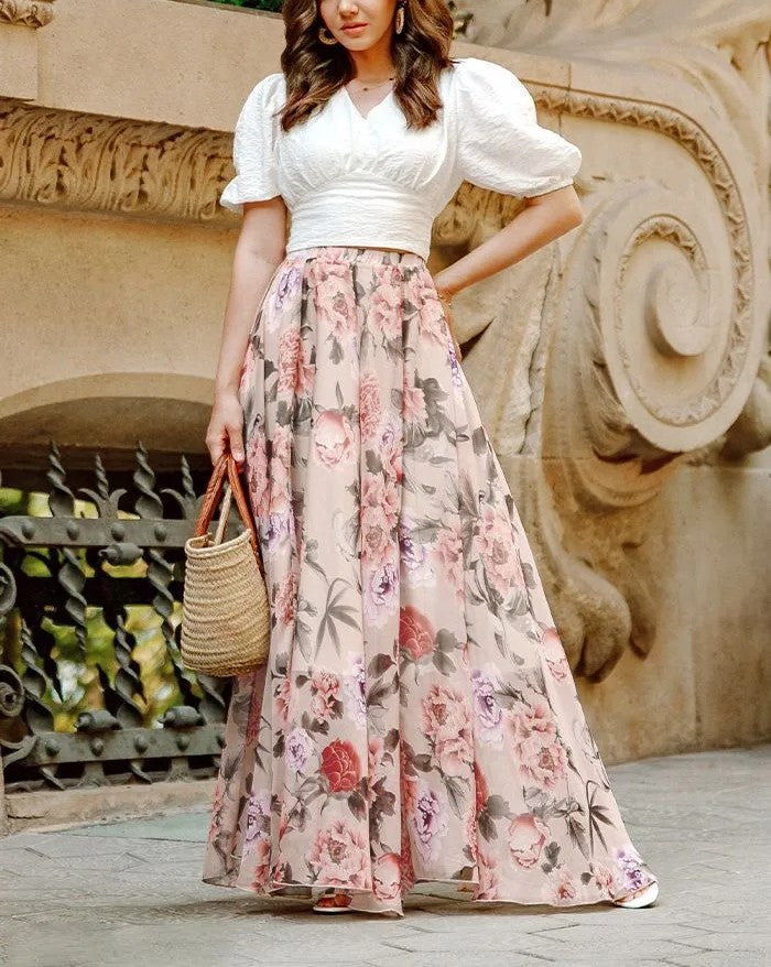Splendid Peony‑Print Asymmetric‑Hem Chiffon Maxi Skirt