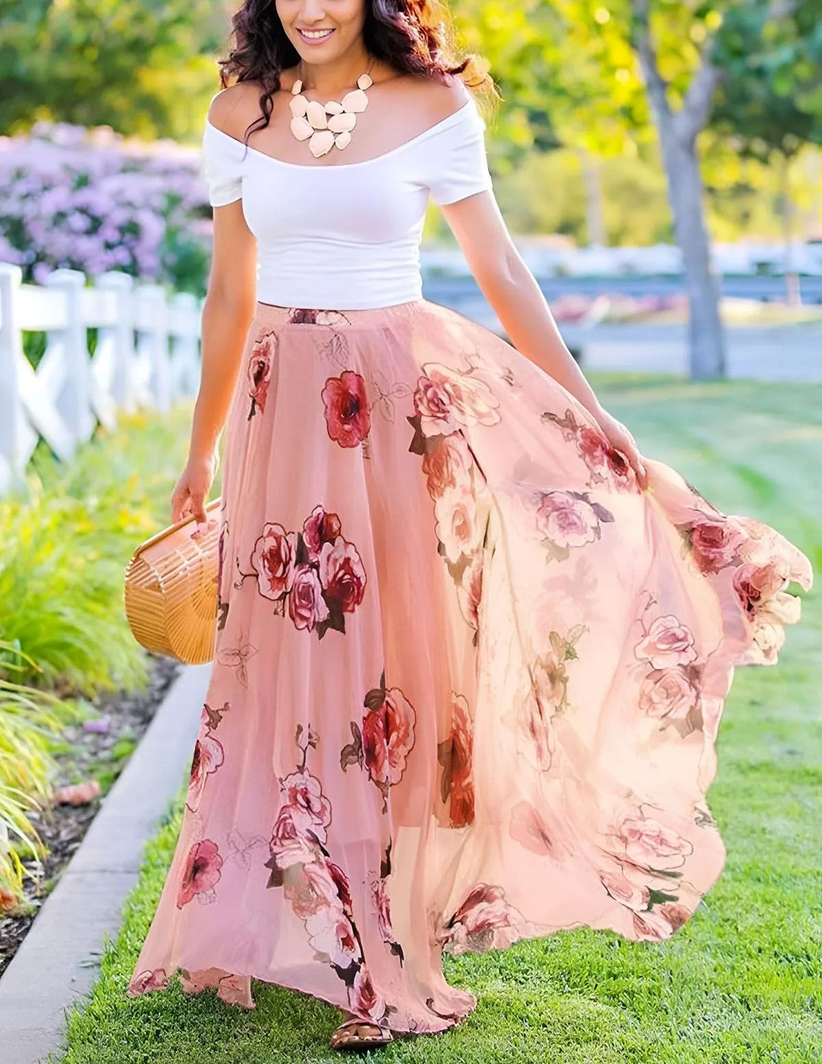Pink‑Base Large‑Rose Print Asymmetric‑Hem Chiffon Maxi Skirt