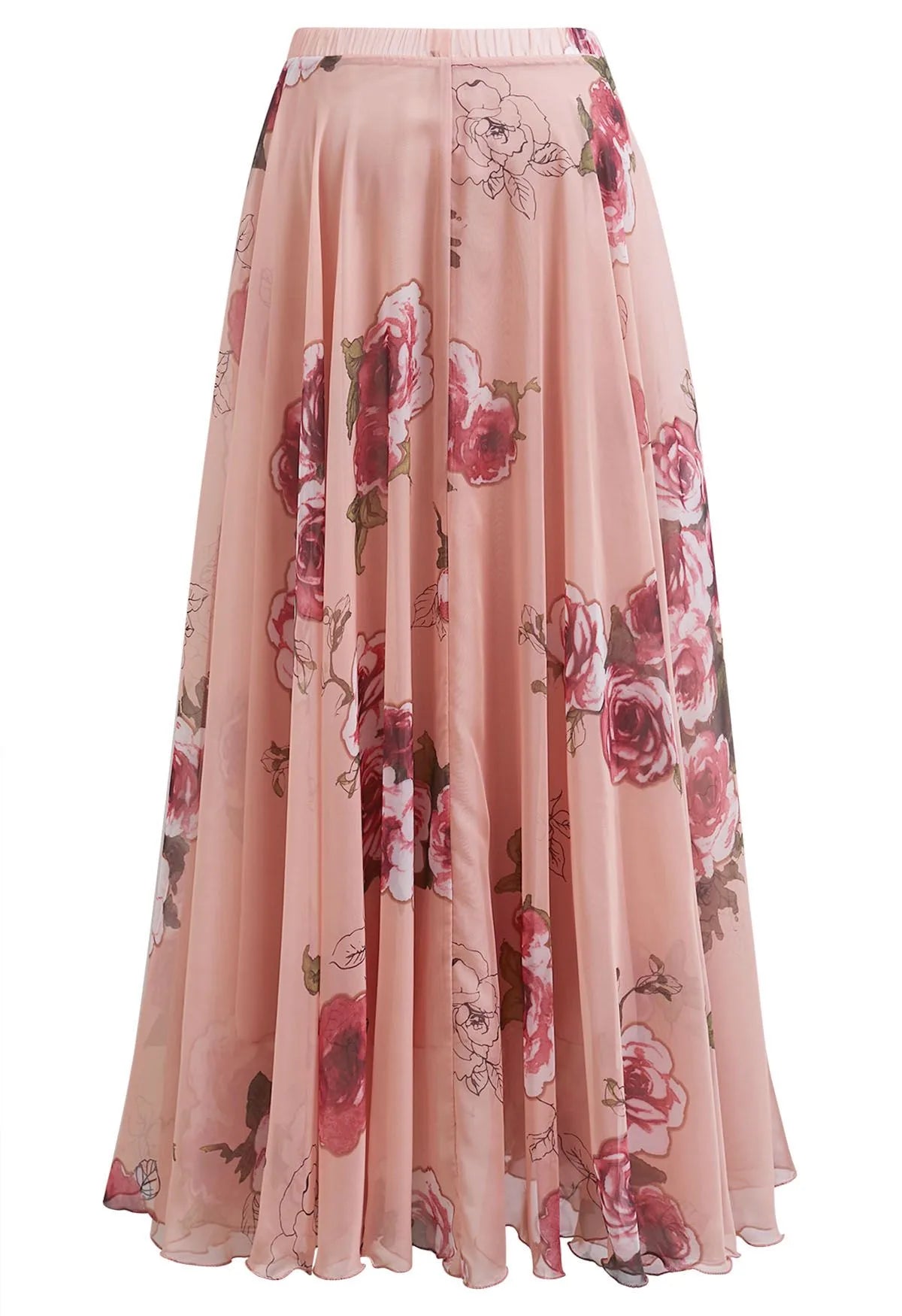 Pink‑Base Large‑Rose Print Asymmetric‑Hem Chiffon Maxi Skirt