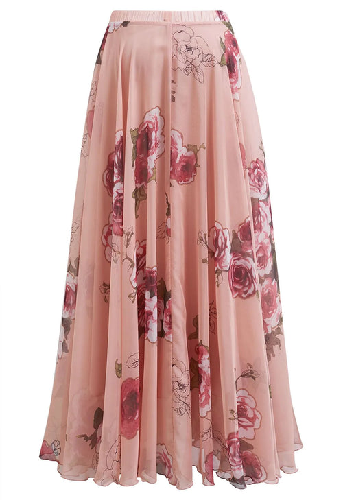 Pink‑Base Large‑Rose Print Asymmetric‑Hem Chiffon Maxi Skirt