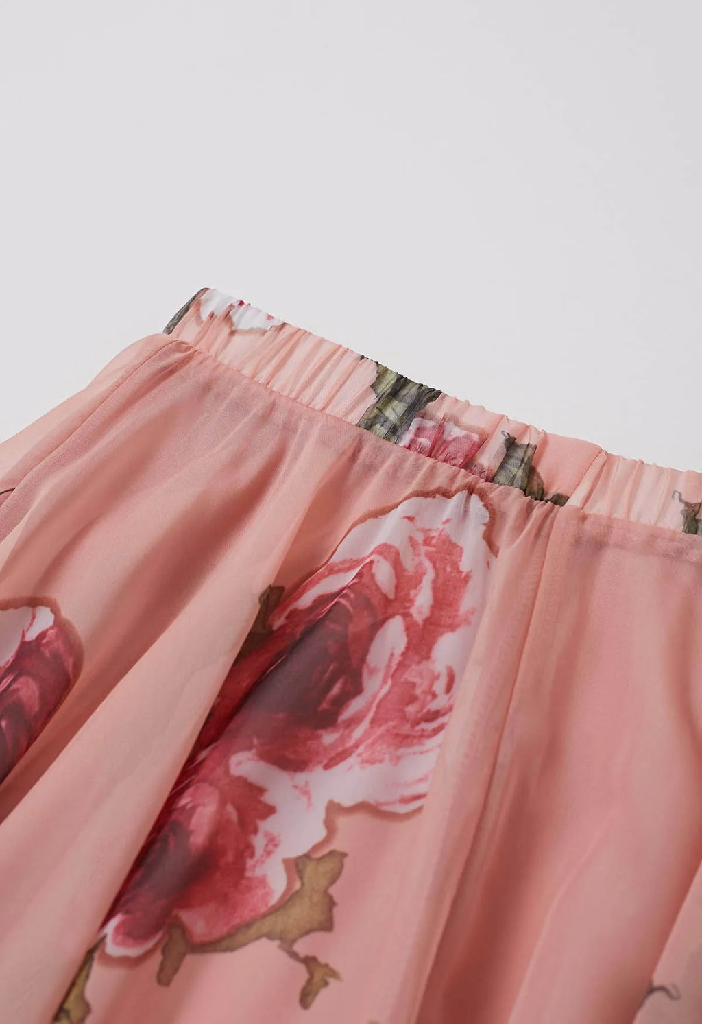 Pink‑Base Large‑Rose Print Asymmetric‑Hem Chiffon Maxi Skirt