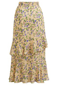 Yellow‑Base Floral‑Print Asymmetric Ruffle Maxi Skirt
