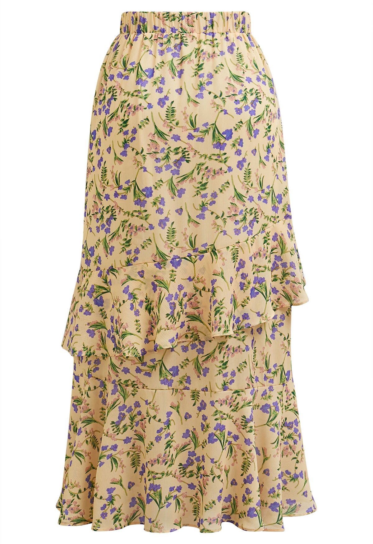 Yellow‑Base Floral‑Print Asymmetric Ruffle Maxi Skirt