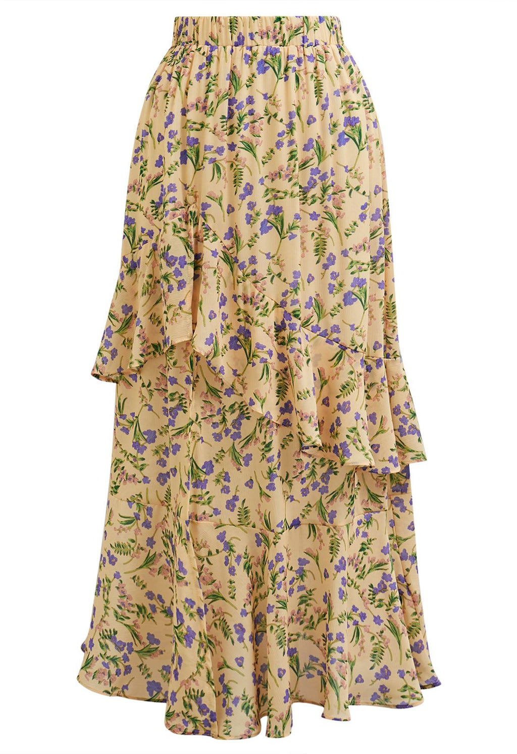 Yellow‑Base Floral‑Print Asymmetric Ruffle Maxi Skirt