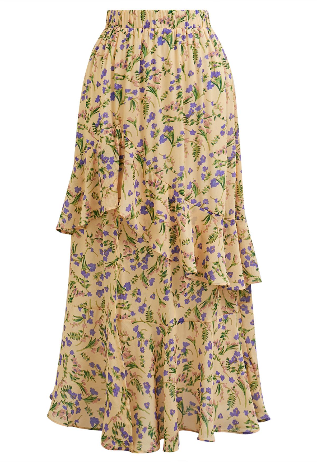 Yellow‑Base Floral‑Print Asymmetric Ruffle Maxi Skirt