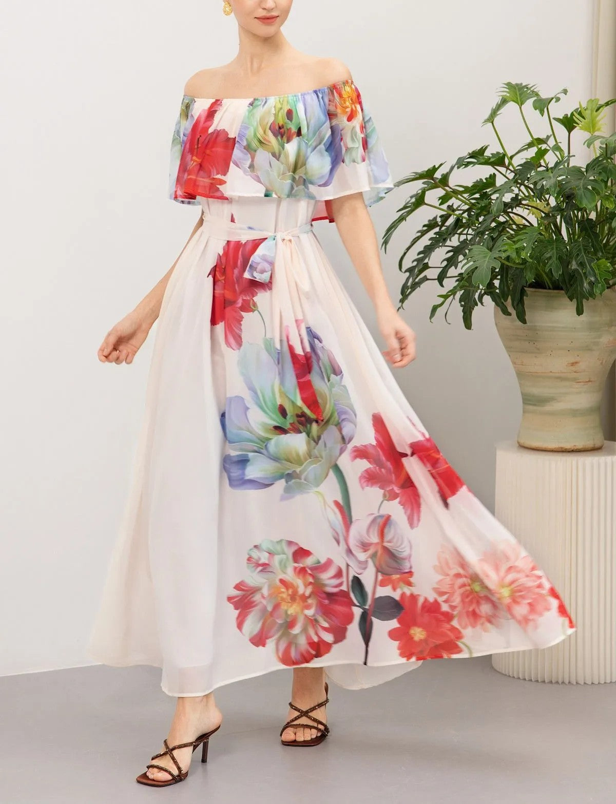 Cream Base Vibrant Floral Off‑Shoulder Tie‑Waist Maxi Dress