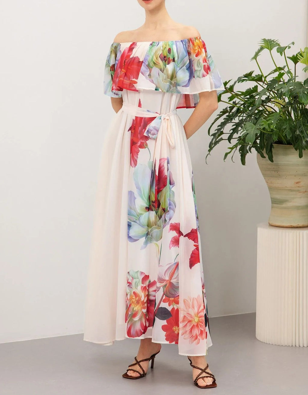Cream Base Vibrant Floral Off‑Shoulder Tie‑Waist Maxi Dress