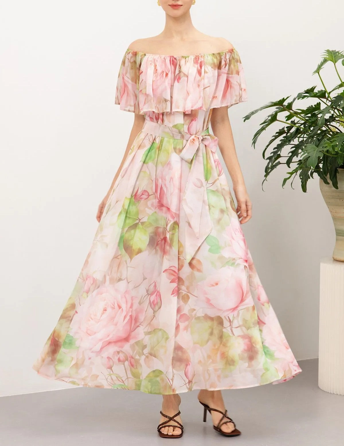 Pink‑Tone Floral Off‑Shoulder Self‑Tie Waist Flowy Maxi Dress