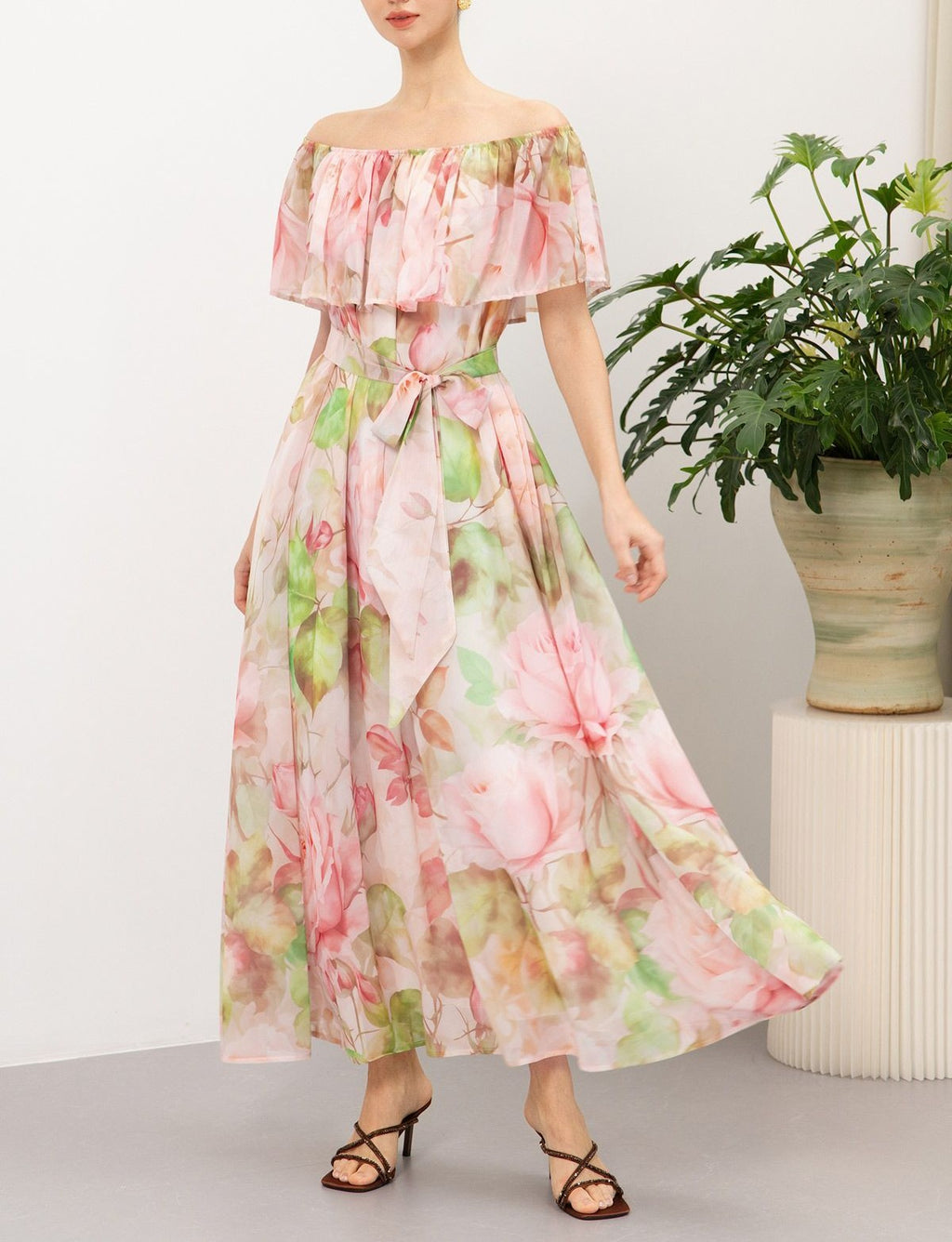 Pink‑Tone Floral Off‑Shoulder Self‑Tie Waist Flowy Maxi Dress