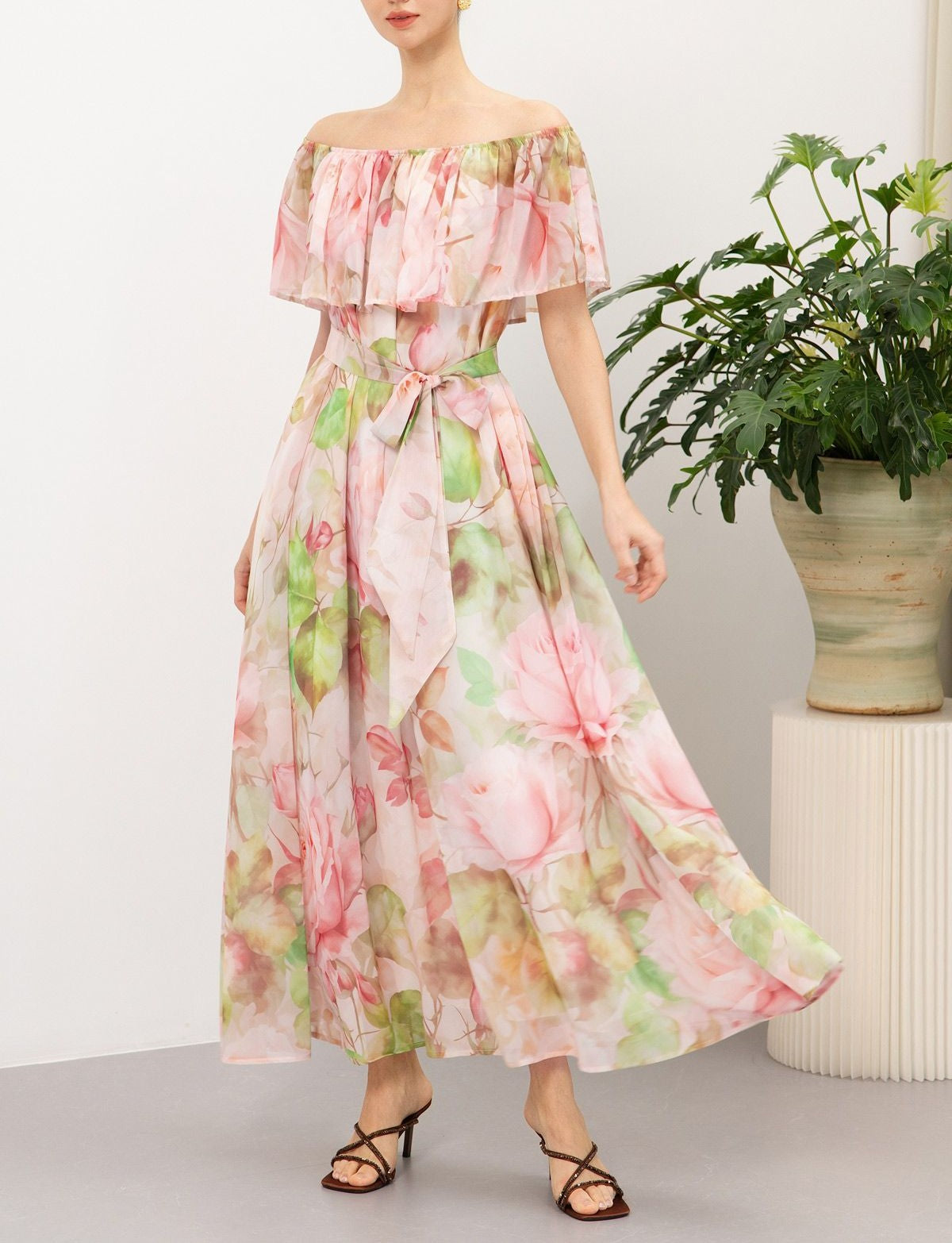 Pink‑Tone Floral Off‑Shoulder Self‑Tie Waist Flowy Maxi Dress