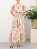 Pink‑Tone Floral Off‑Shoulder Self‑Tie Waist Flowy Maxi Dress