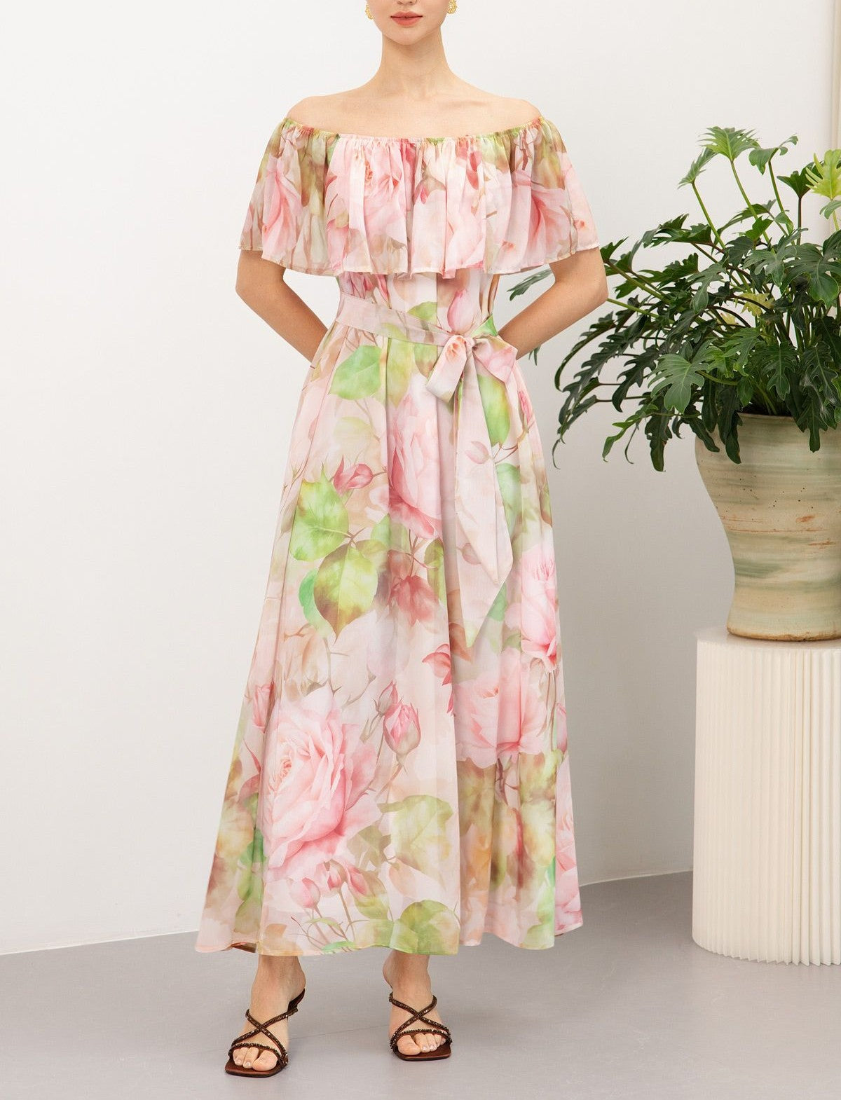 Pink‑Tone Floral Off‑Shoulder Self‑Tie Waist Flowy Maxi Dress